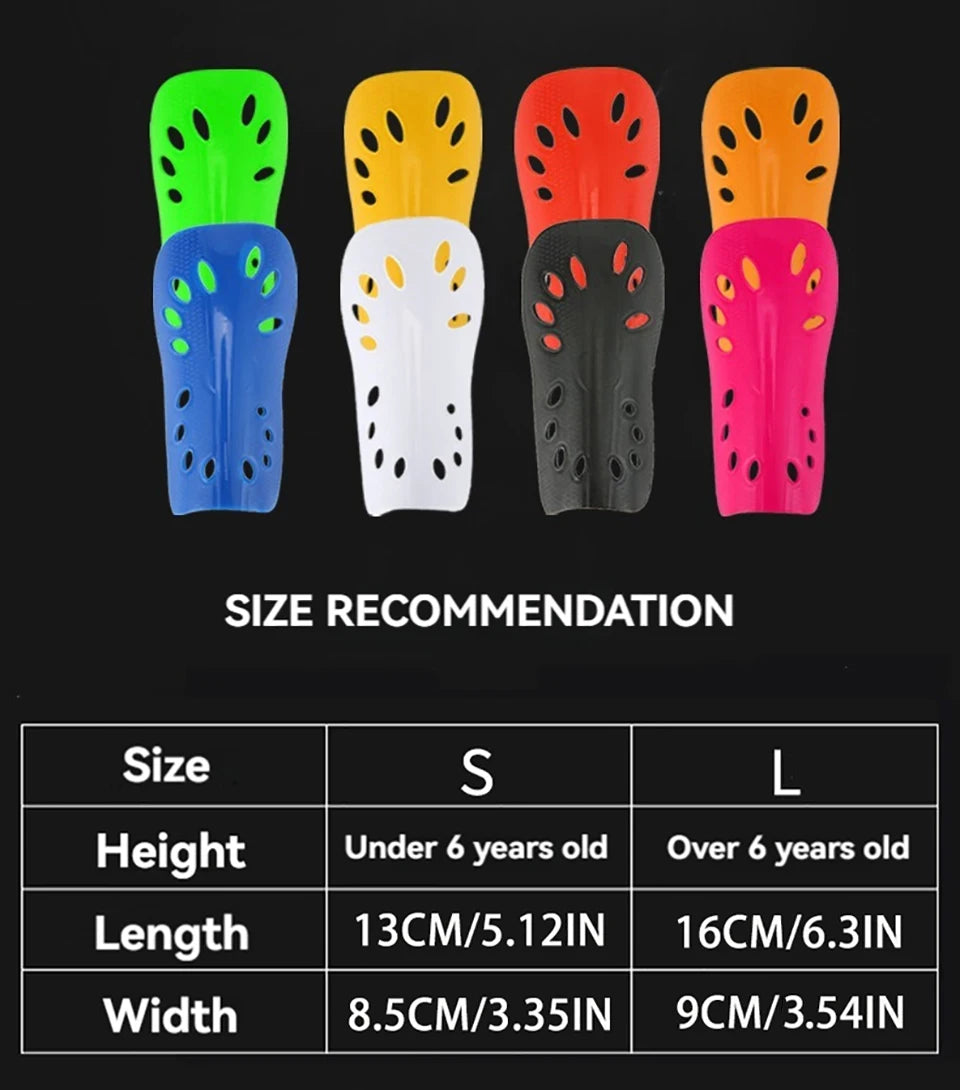 A set of five adjustable EVA soccer shin guards in various colors and sizes for children.