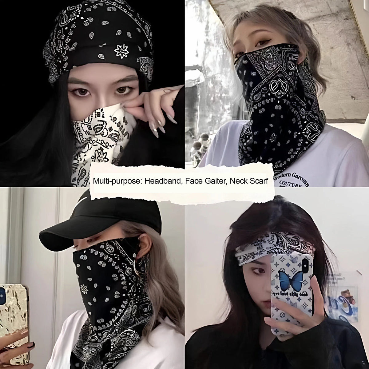 Collage de una mujer usando varias mascarillas y pañuelos de protección UV con estampado paisley.
