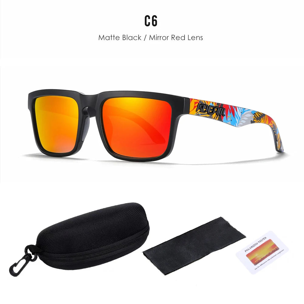 Mattschwarze Sonnenbrille mit spiegelroten Linsen und buntem Muster im Rahmen