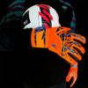 Orange and black latex goalkeeper gloves with a white ball visible on the wrist strap