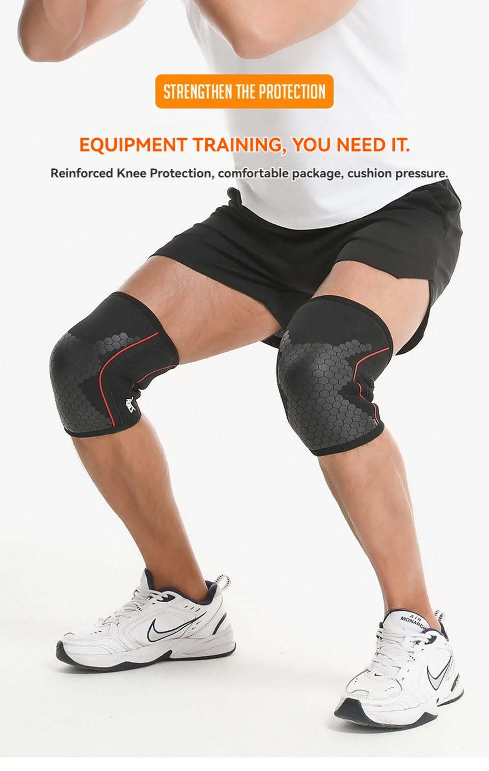 A person wearing black knee sleeves while performing a workout, demonstrating reinforced knee protection.
