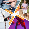 Collage von Krafttrainings-Aktivitäten wie Laufen, Boxen und Gewichtheben mit elastischen Kniestabilisatoren