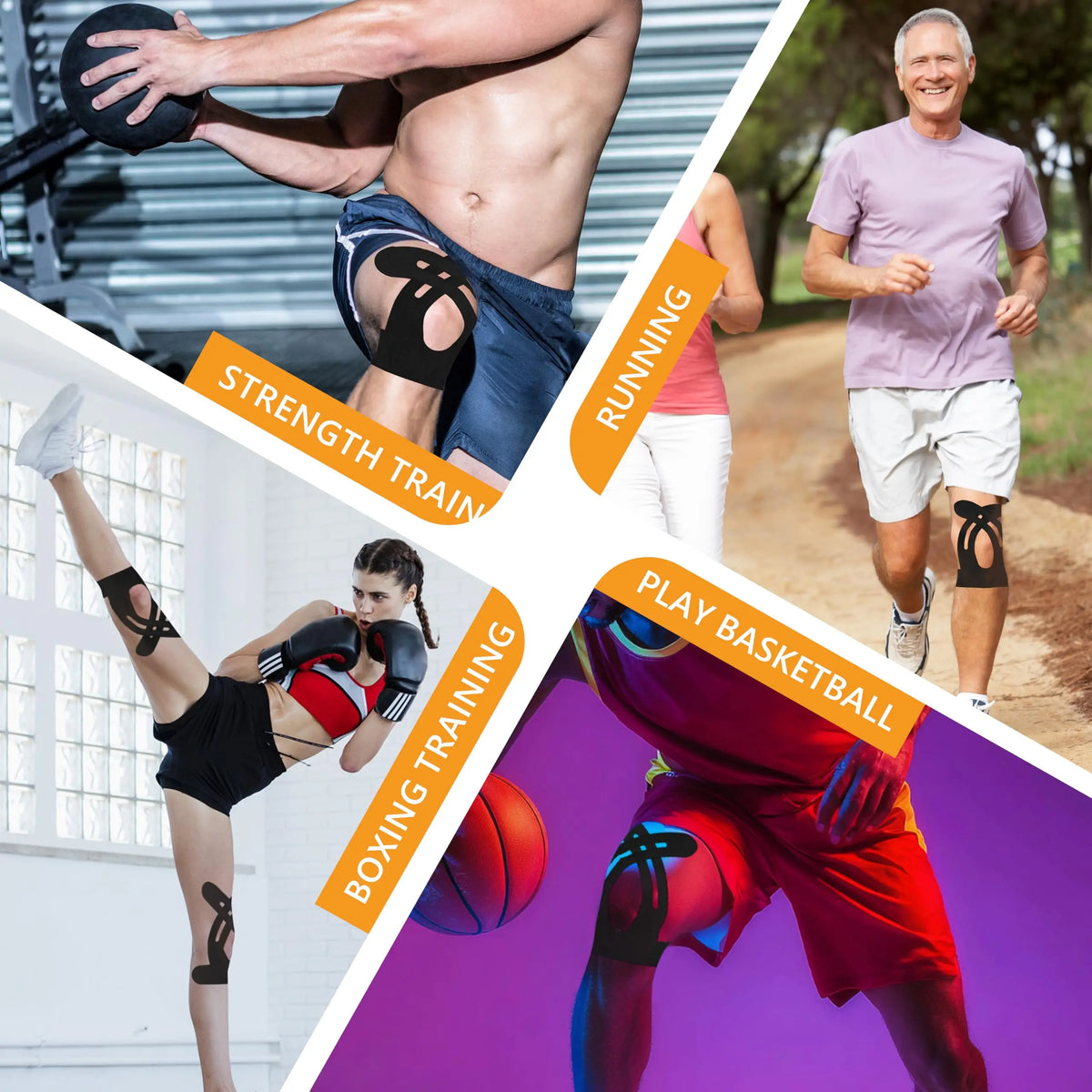 Collage von Krafttrainings-Aktivitäten wie Laufen, Boxen und Gewichtheben mit elastischen Kniestabilisatoren