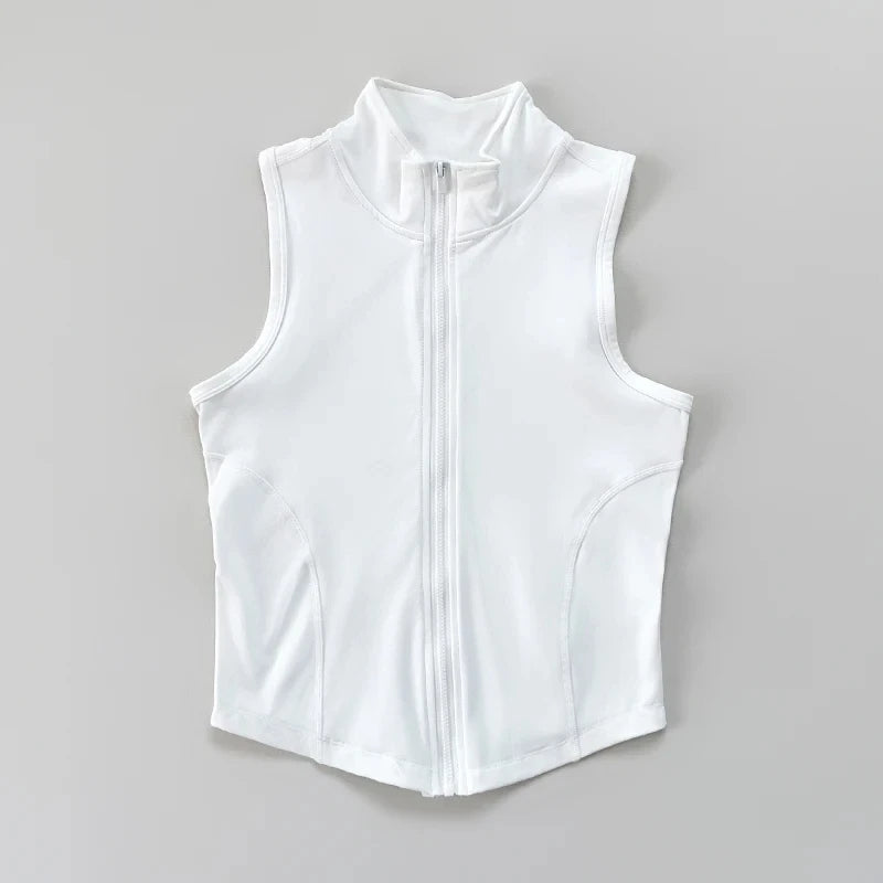 Weißes schnelltrocknendes sportliches Crop-Top-Vest für Damen mit Vollreißverschluss