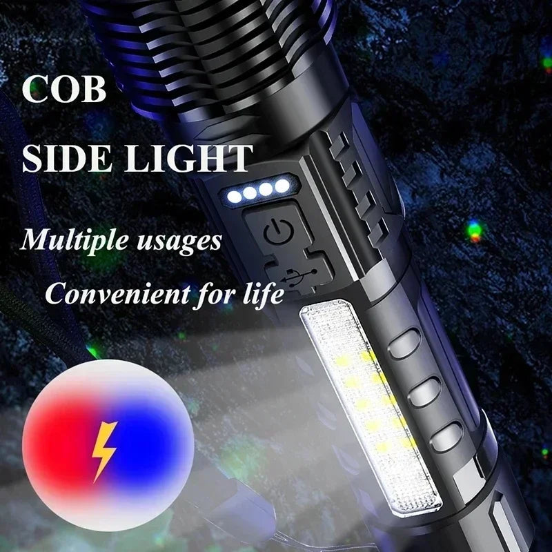 Tactical LED flashlight with cob side light illuminating a red and blue light effect.