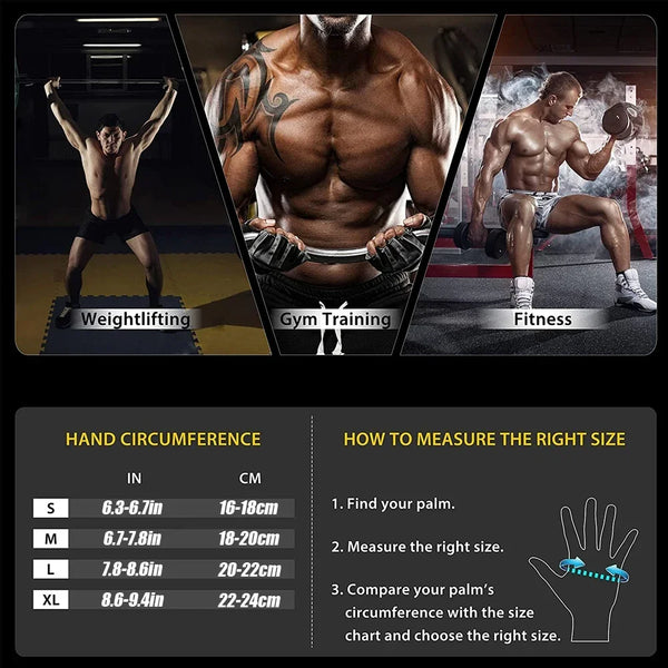 Guide showing hand circumference measurements for selecting the right size of heavy duty weightlifting gloves