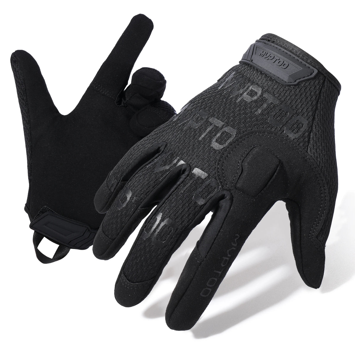 A pair of black tactical touch screen outdoor gloves shown against a white background.