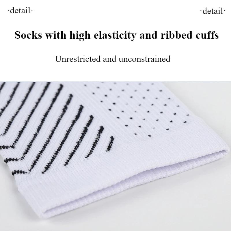 Close-up of white socks with ribbed cuffs showing a striped pattern.