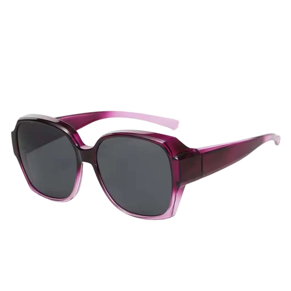 Purple wrap-around sunglasses with dark lenses and glasses compatibility.