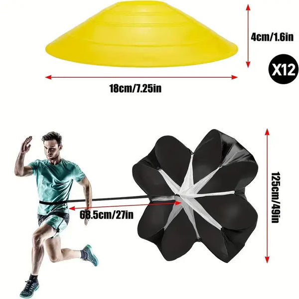Yellow football soccer training parachute chute with dimensions 18cm and 4cm.