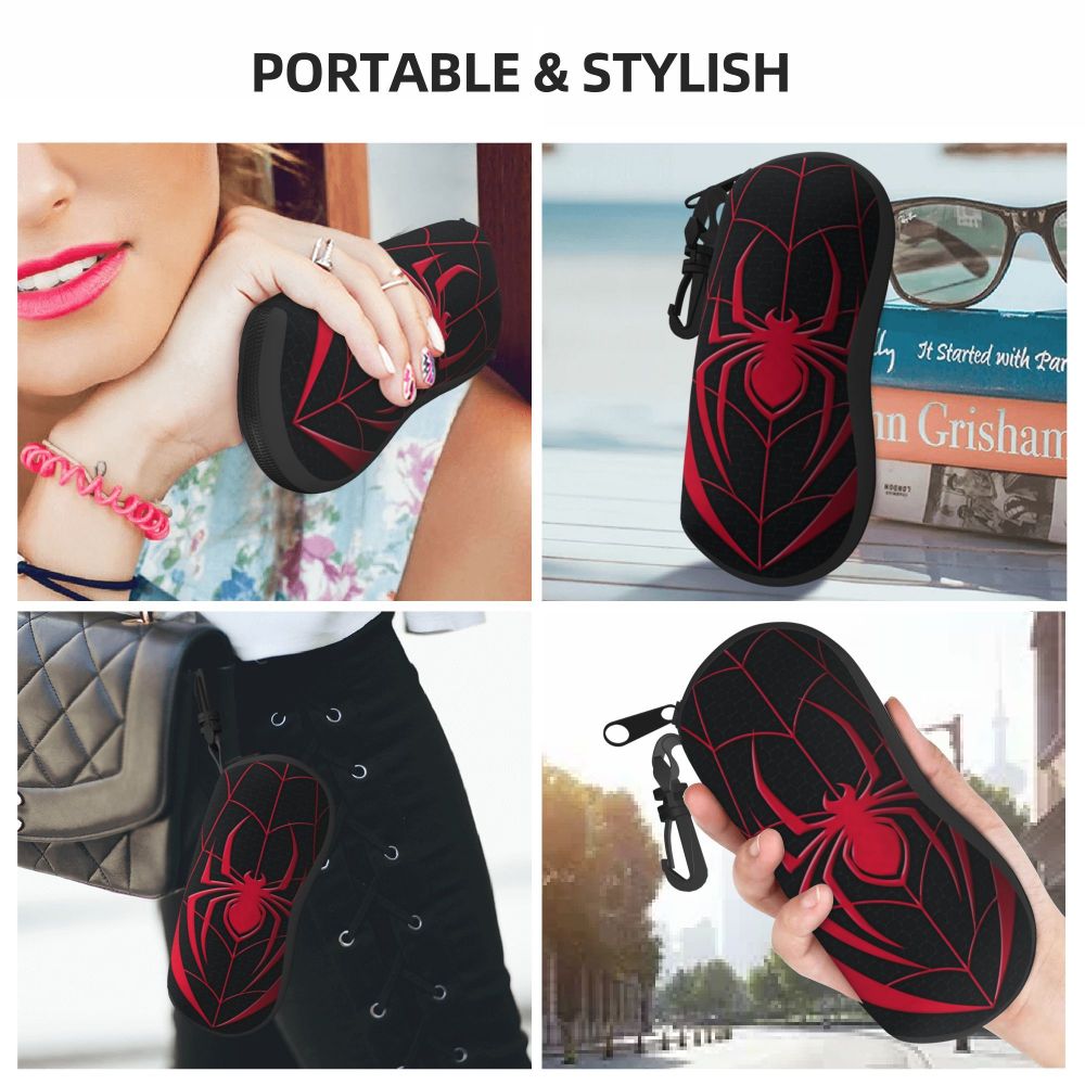 A black silicone spider web shaped eyeglass pouch is shown being held and worn on a finger, alongside a leather pouch.