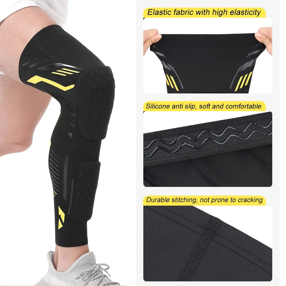 Black padded knee and calf compression sleeves with elastic fabric and silicone anti-slip features