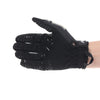 A pair of black tactical finger gloves with a glow-in-the-dark design shown on a hand.
