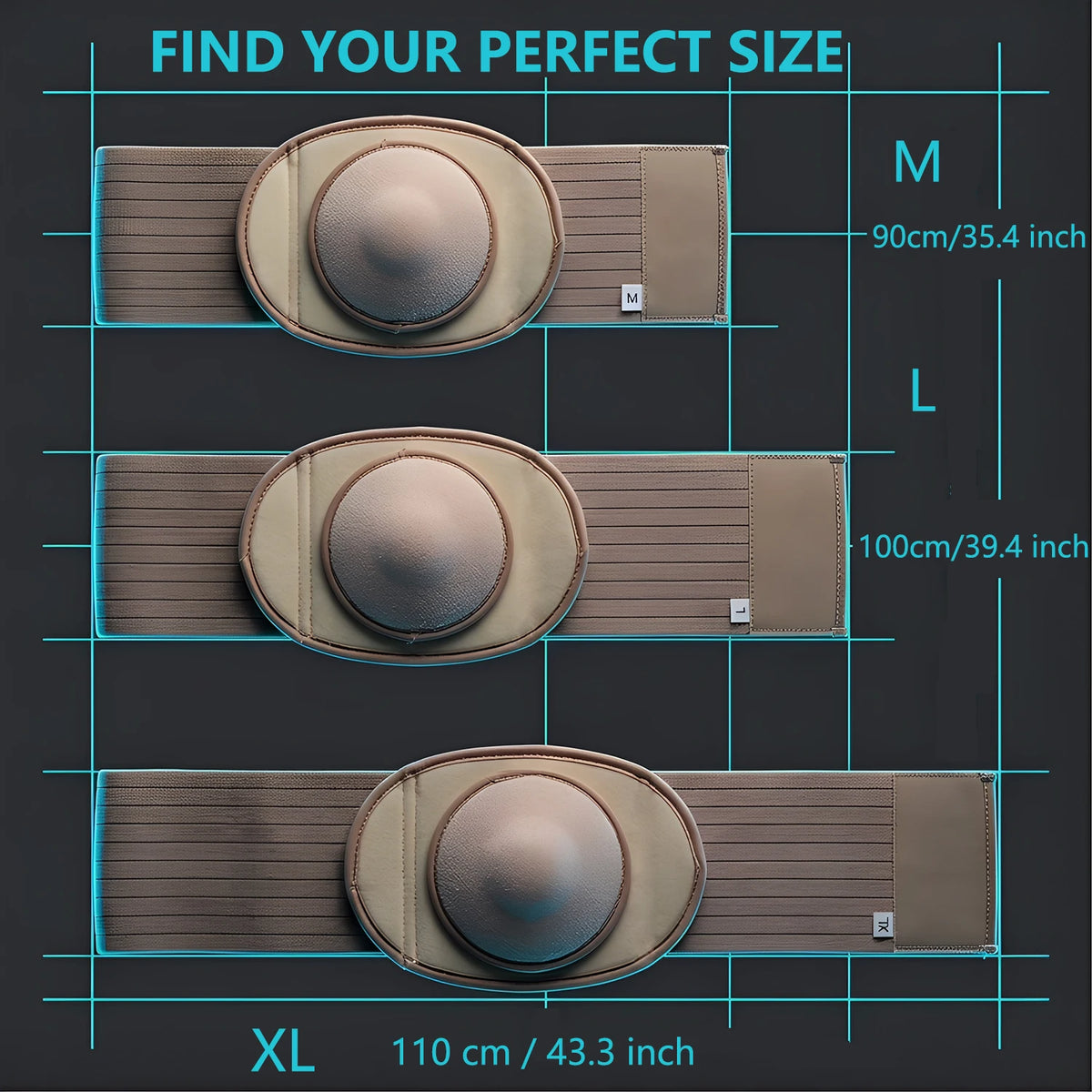 Three sizes of brown abdominal support belts labeled M, L, and XL shown side by side with measurements.