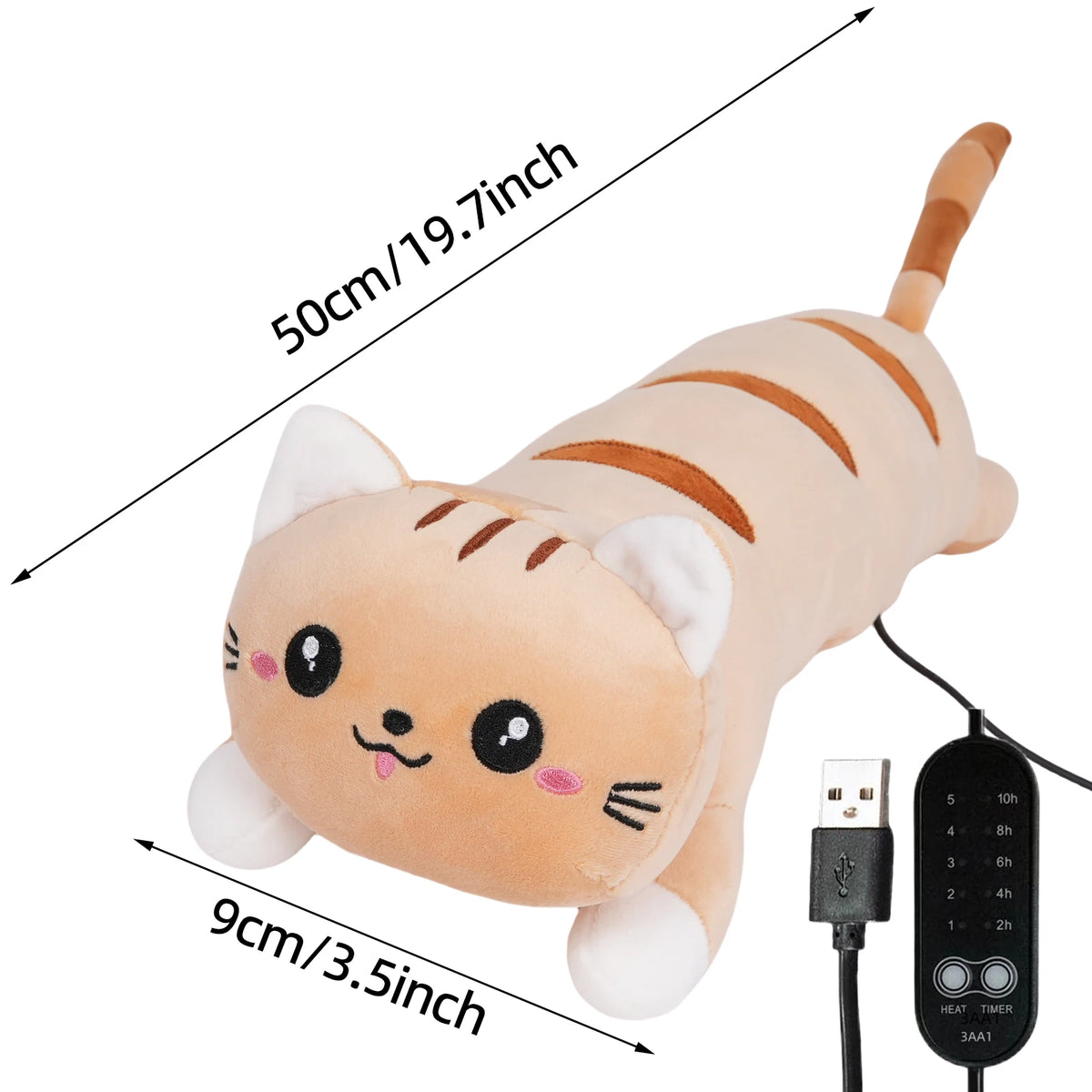 A soft, orange and white cat-shaped heating pad for muscle relief with a remote control.