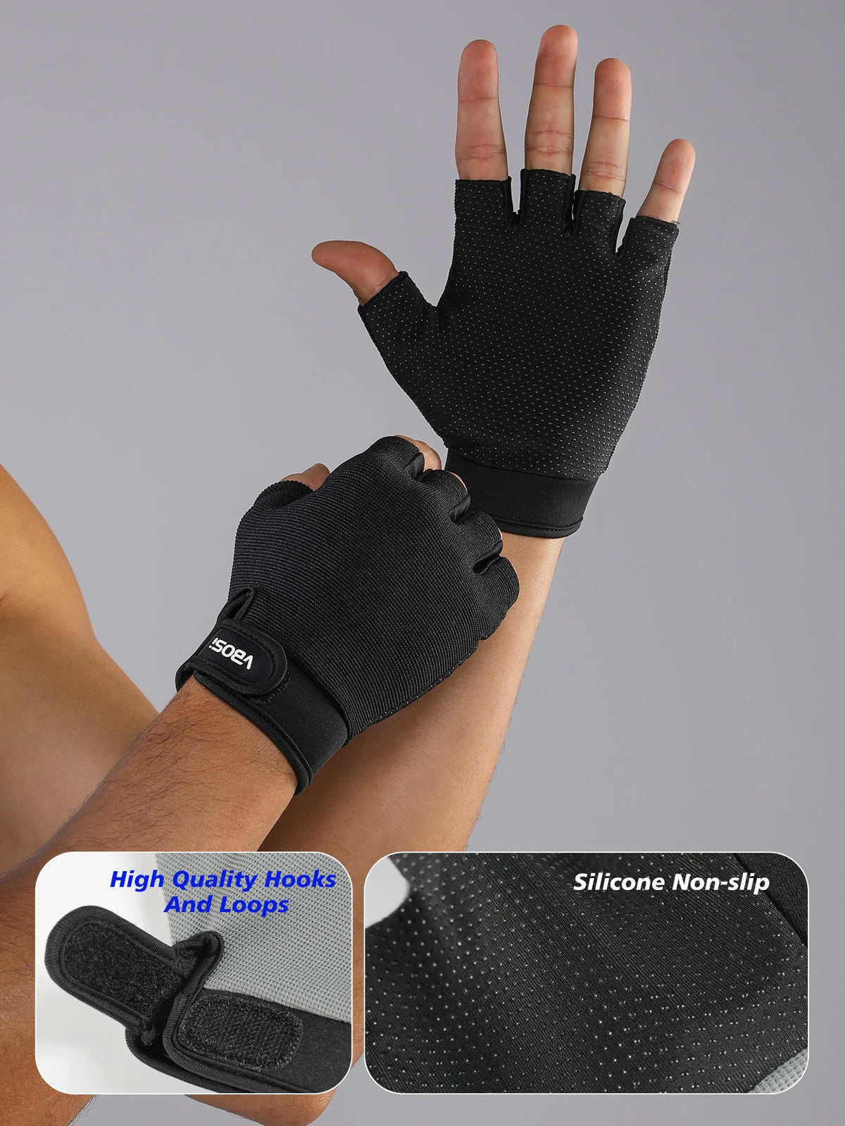 Schwarze rutschfeste Sportschuhe an der Hand, die Textur und Designdetails zeigen.