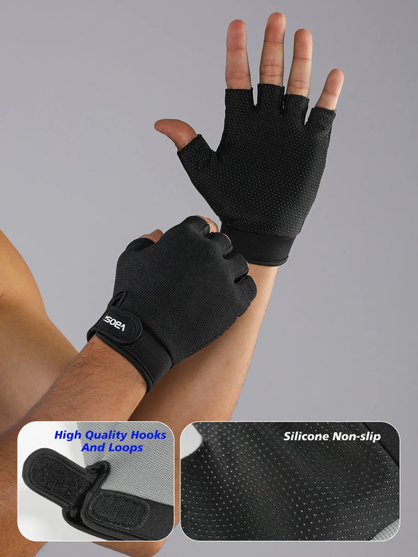 Black anti-slip sports gloves worn on a hand, showing the texture and design details.