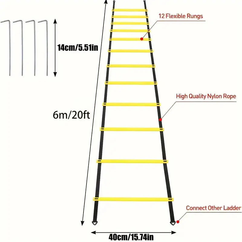 Rampa de entrenamiento estilo escalera amarilla y negra con 12 peldaños flexibles y cuerda de nylon para práctica de fútbol.