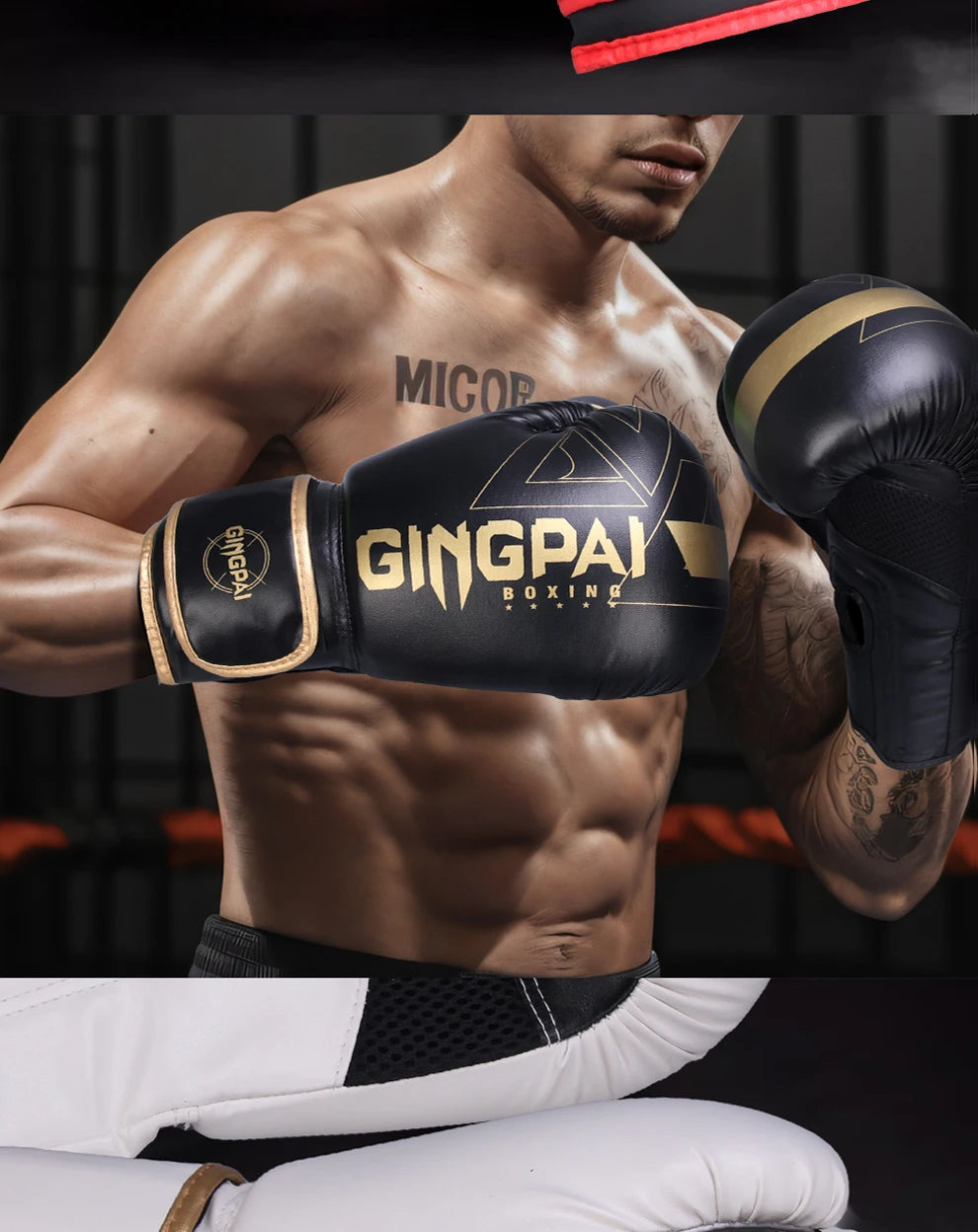 A close-up of a muscular man wearing black boxing gloves with gold accents, demonstrating pro boxing training equipment.