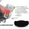A black elbow support brace is shown next to a diagram illustrating tendon damage and pain relief points.