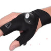 A hand wearing a black tactical glove with an LED flash light on the palm.