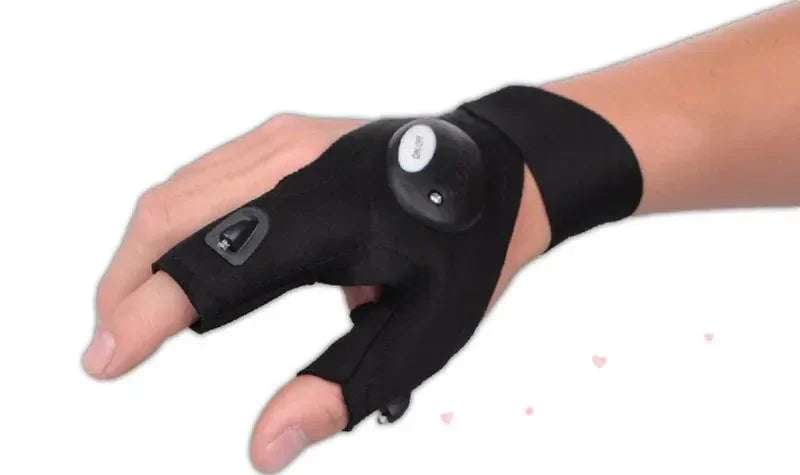 A hand wearing a black tactical glove with an LED flash light on the palm.