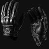 A pair of black full finger leather motorcycle riding gloves displayed against a dark background.