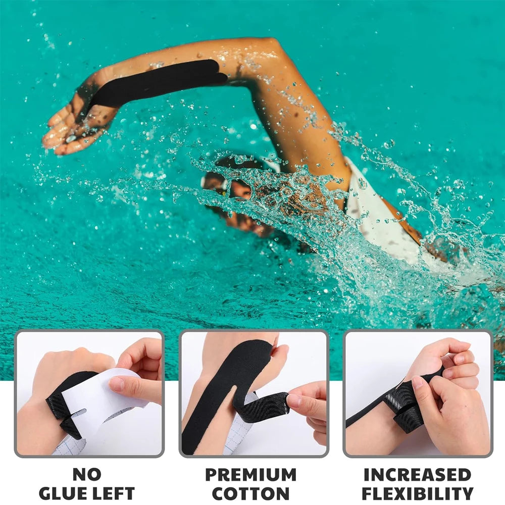 Black kinesiology tape applied to a person's arm during swimming or water activity.
