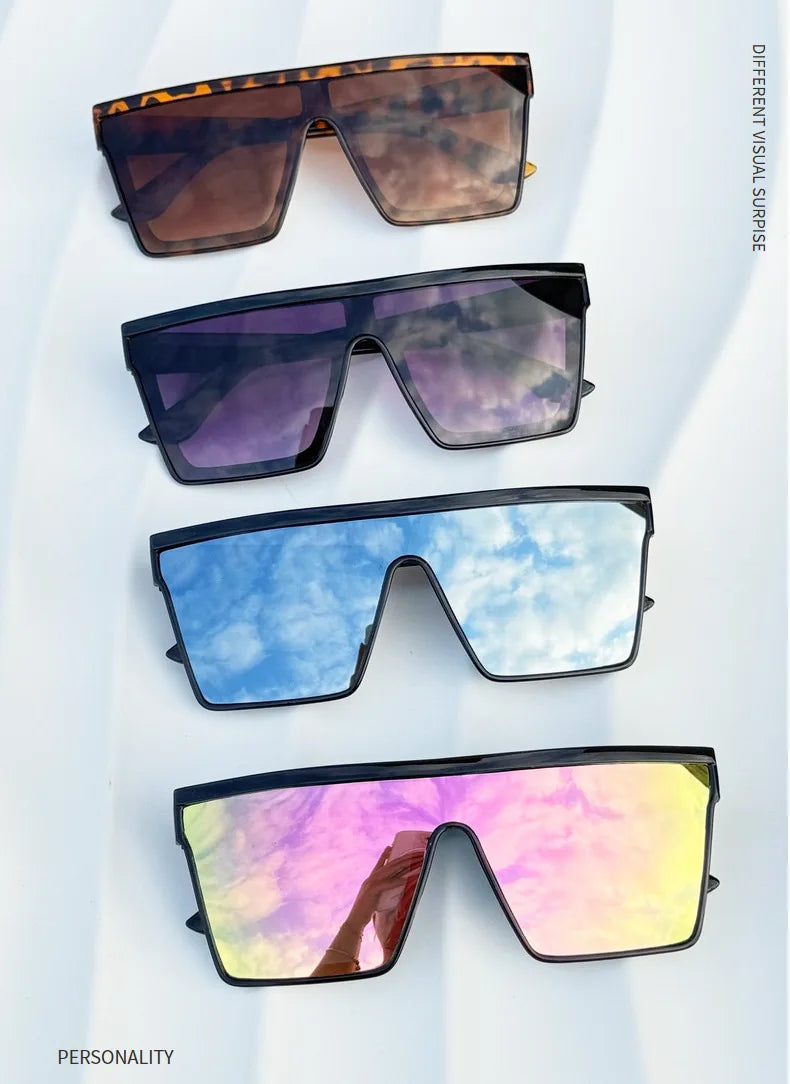 A collection of four pairs of retro square sunglasses in various shades of brown, purple, blue, and pink.