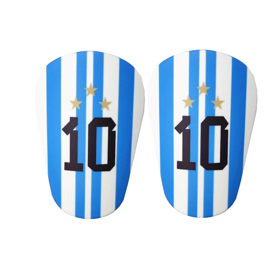 A pair of mini football shin guards featuring blue and white vertical stripes with the number 10 in black and gold.