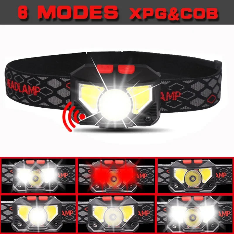 A black LED headlamp with multiple modes is shown, featuring a bright white light and red accents.