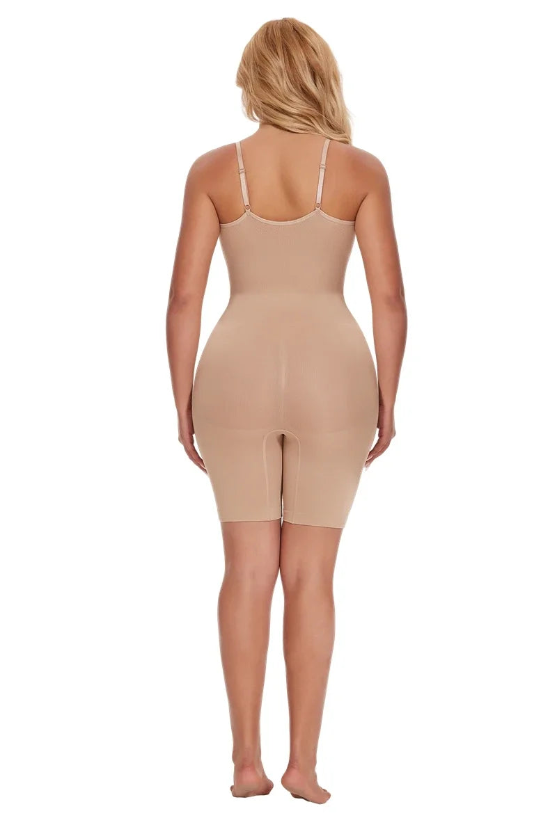 A woman wearing a beige full body shapewear bodysuit for slimming, shown from the back.