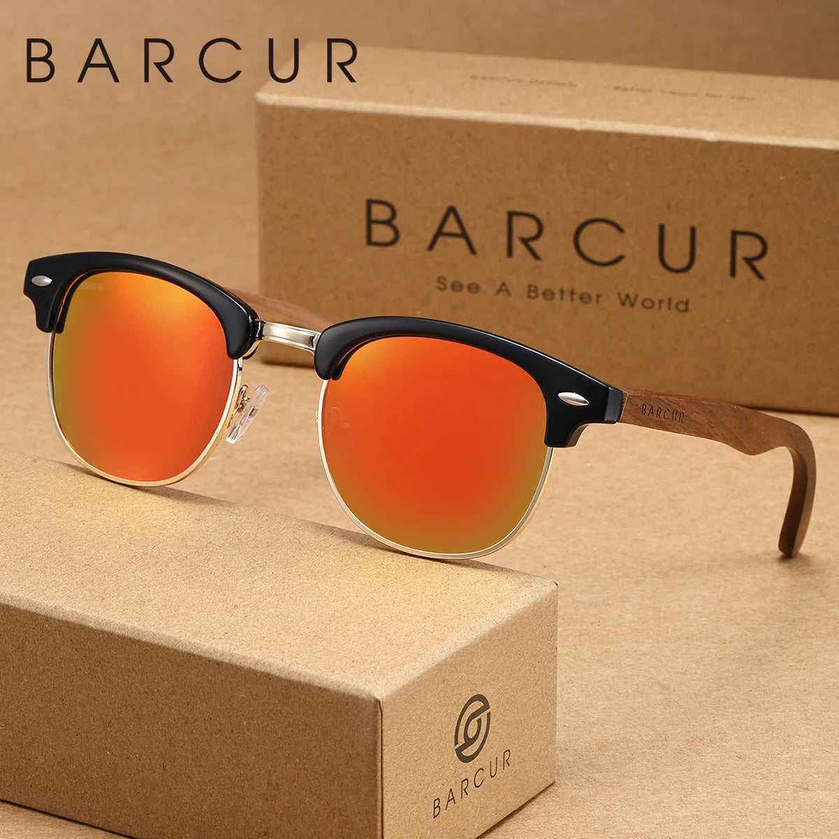 Un par de gafas de sol retro BARCUR tintadas en naranja, apoyadas en una caja de cartón marrón.