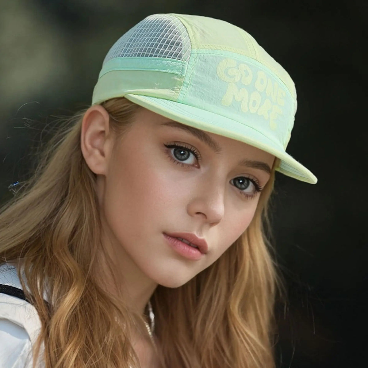 A young woman wearing a light green breathable quick-dry baseball cap with text on the front.