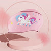 A pink silicone swimming cap shaped like a white unicorn with blue mane and wings.