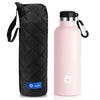 A pink 1000ml stainless steel insulated thermos bottle with a black carrying sleeve.
