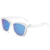 Clear plastic frame sunglasses with gradient blue and purple mirrored lenses
