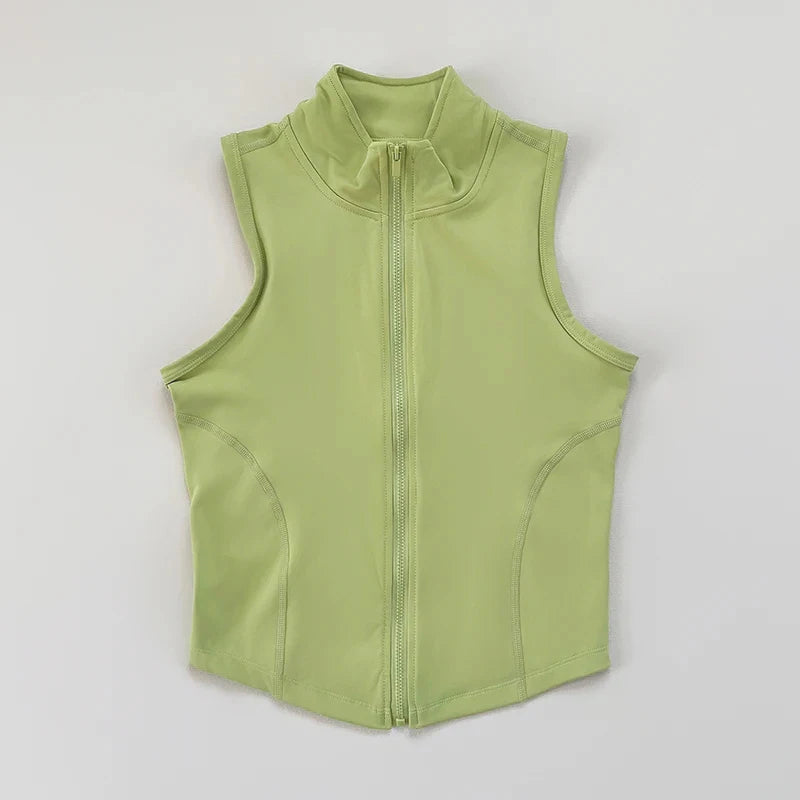 Limettengrünes Damen-Sport-Crop-Top-Vest mit durchgehendem Reißverschlusskragen