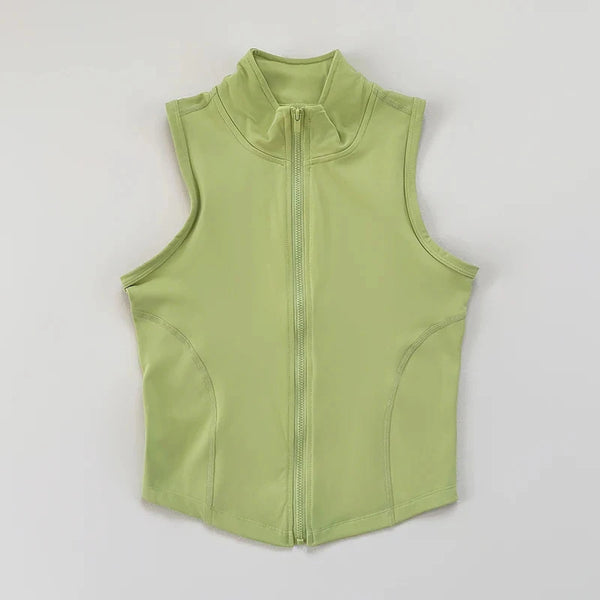 A lime green women's sports crop top vest with a full zip collar.
