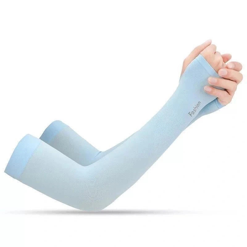 Light blue summer ice silk anti-sunburn arm sleeves being worn on an arm.