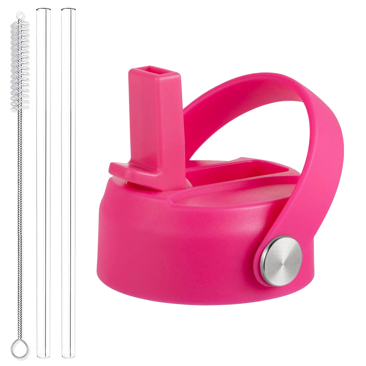 Helles pinkes Verschlussdeckel für Flaschen mit breitem Hals, silberner Verschlussmechanismus und ein Drahtwerkzeug.