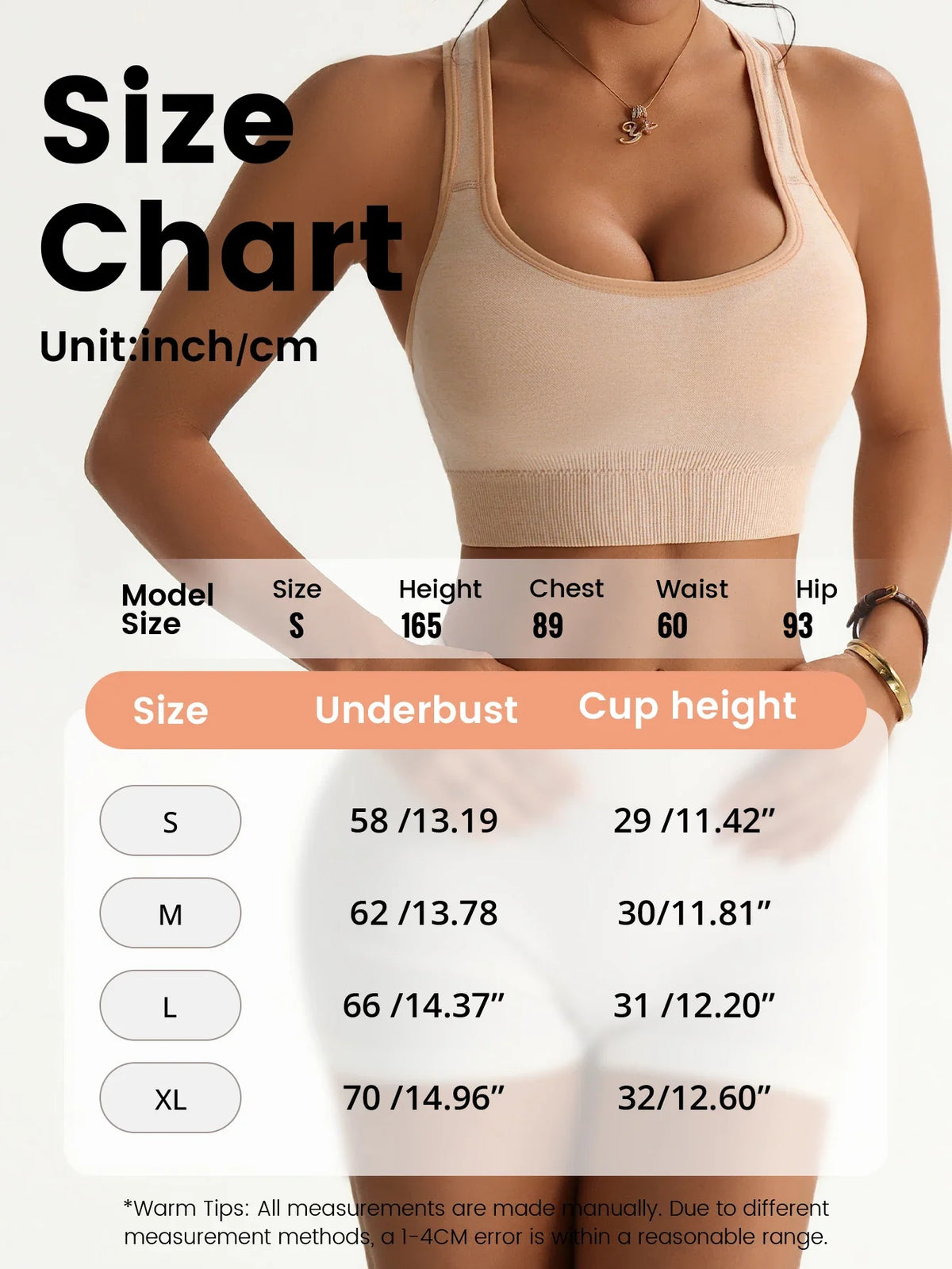 A size chart for a seamless racerback sports bra set showing measurements for sizes S through XL.