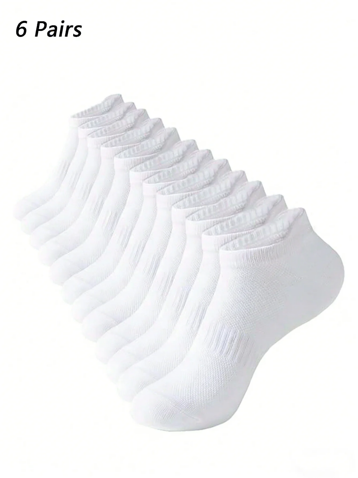 A stack of six pairs of white breathable ankle socks displayed on a white background.