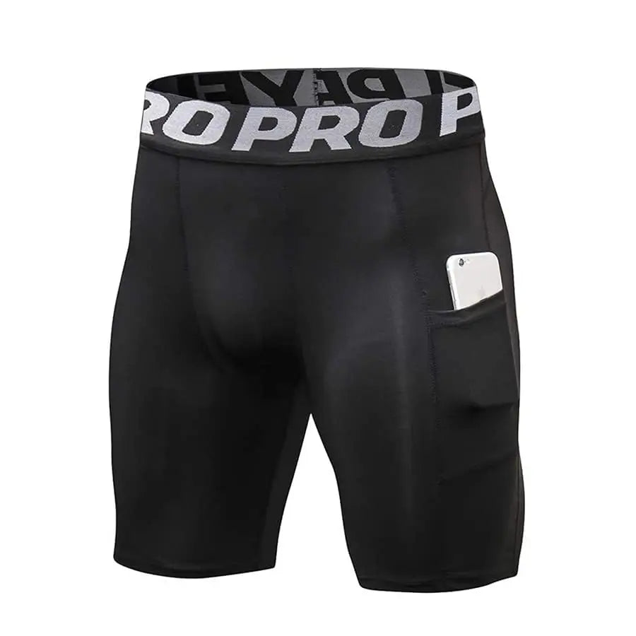 Shorts deportivos de compresión y secado rápido para hombres, con logotipo y bolsillo lateral