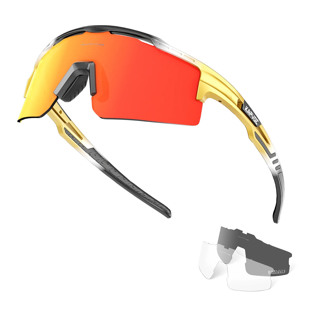 A pair of orange and yellow polarized sunglasses with gold accents shown in a product display.