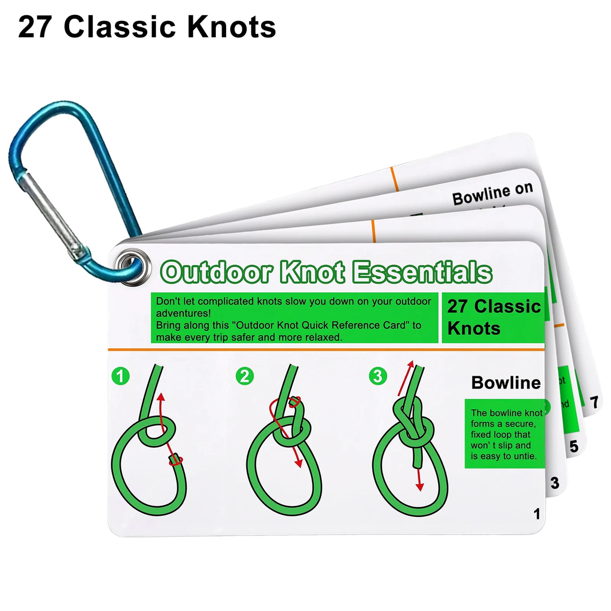 A set of cards titled Outdoor Knot Essentials featuring illustrations and information on 27 classic knots.