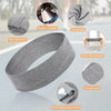 A gray elastic hair band is shown with various features like machine washability, comfort, non-slip design, and breathable wi