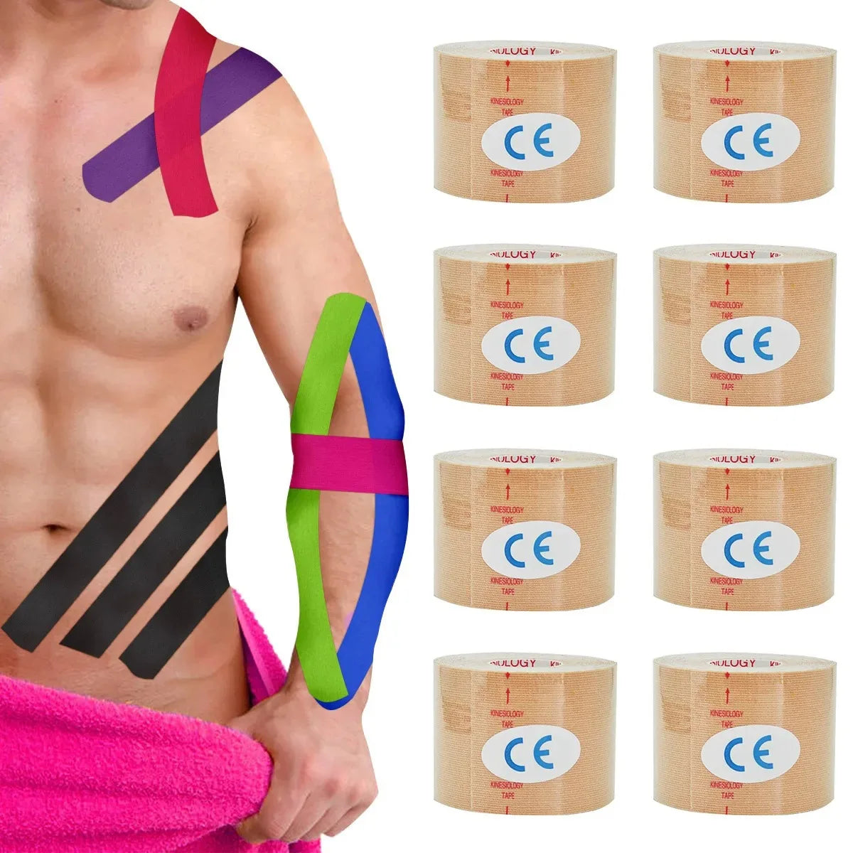 Une personne applique du ruban kinesthésique sur son bras et son torse pour soulager la douleur musculaire.