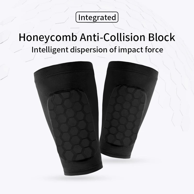 Black honeycomb anti-collision block shin guards shown in a pair.