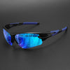 Black and blue wraparound sports sunglasses with a reflective blue lens resting on a dark surface.